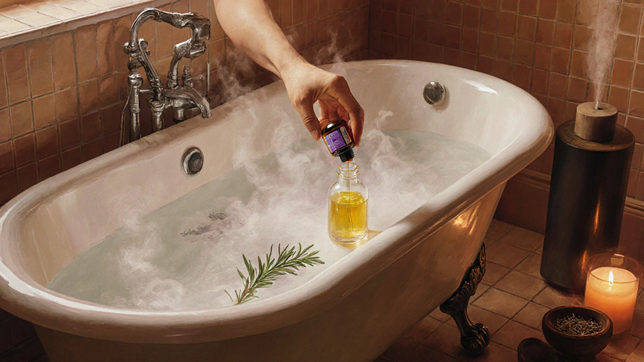 A bathtub scene with steam, lavender oil drops added to carrier oil, rosemary sprig and a nearby diffuser.