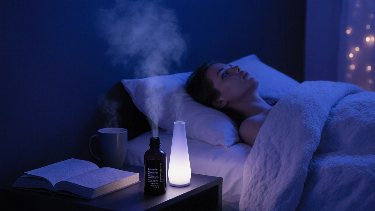 A bedroom at night with a diffuser misting, a blend bottle, and a person sleeping peacefully.
