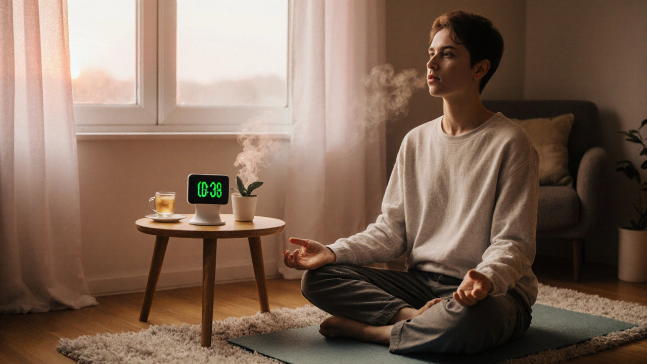 Cozy meditation corner with timer, tea, plant, and sunrise light creating a calm atmosphere.