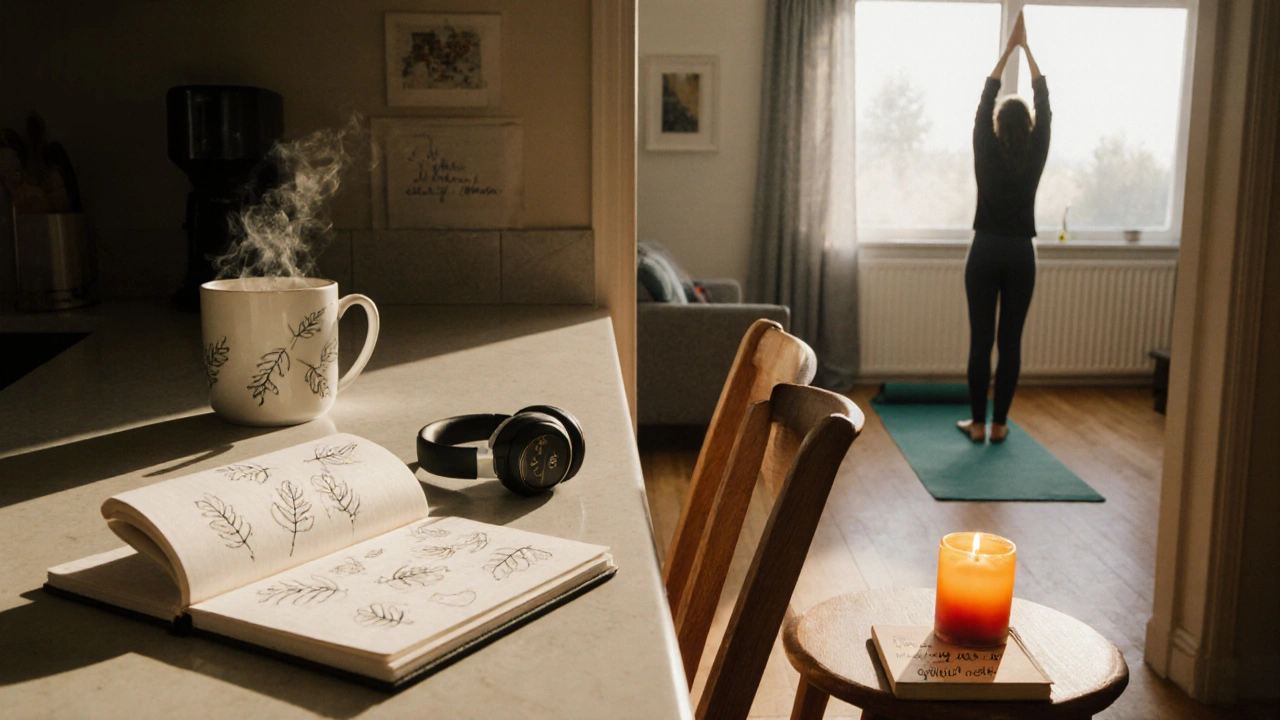 Everyday scene with sketchbook, headphones, movement break, and gratitude journal.