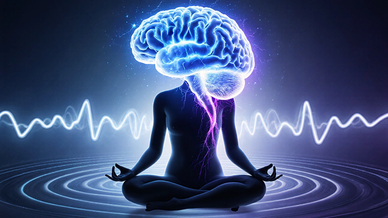 Figure in lotus pose with glowing brain overlay showing illuminated neural pathways.