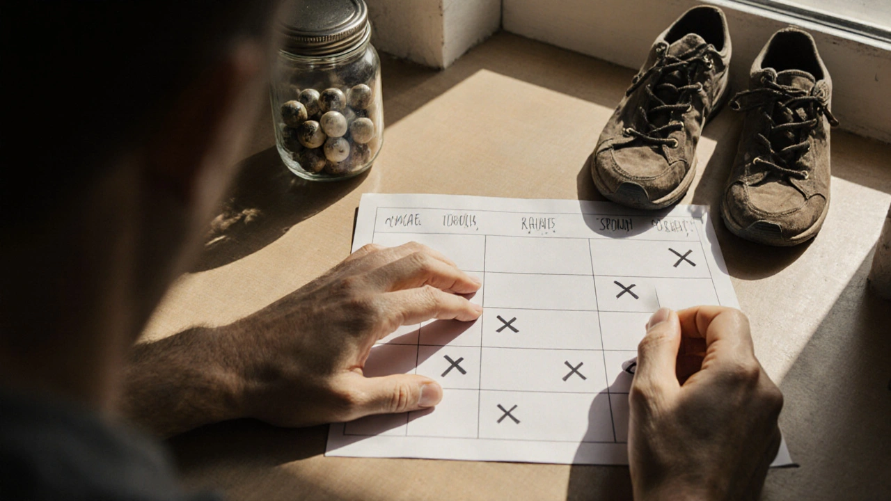 Hands marking progress on a calendar with marbles beside it and walking shoes in background.