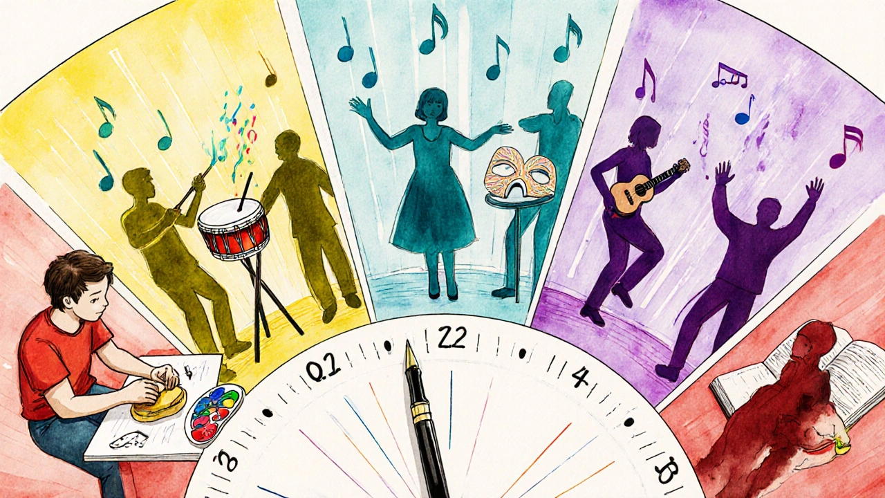 Illustration of art, music, dance, drama, and writing therapy stations in a vibrant circle.