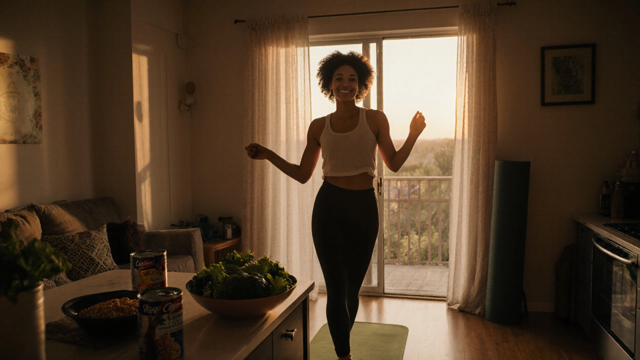 Person dancing joyfully in living room with healthy food visible, no gym equipment in sight.