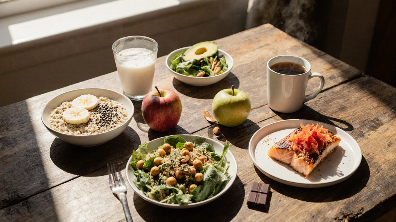 Photorealistic kitchen table displaying a day's gut‑healthy meals.