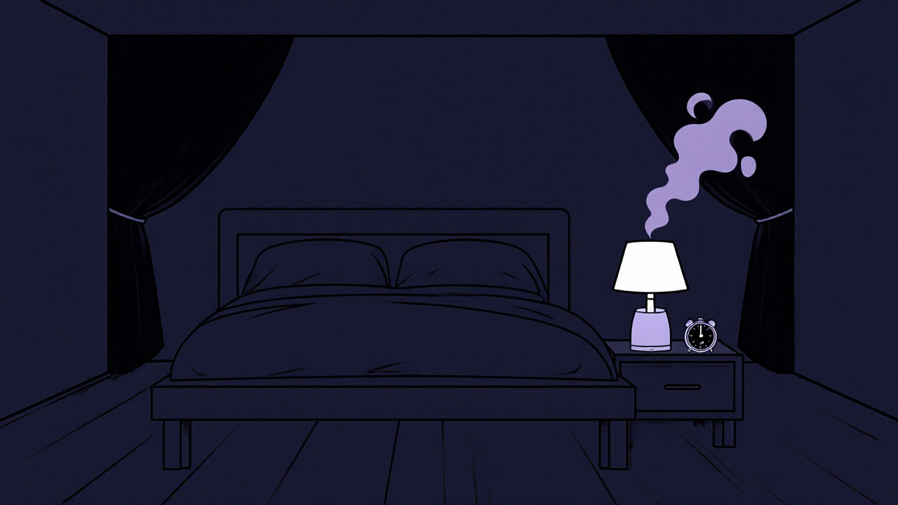 Simple bedroom at night with blackout curtains, lamp, and lavender diffuser.