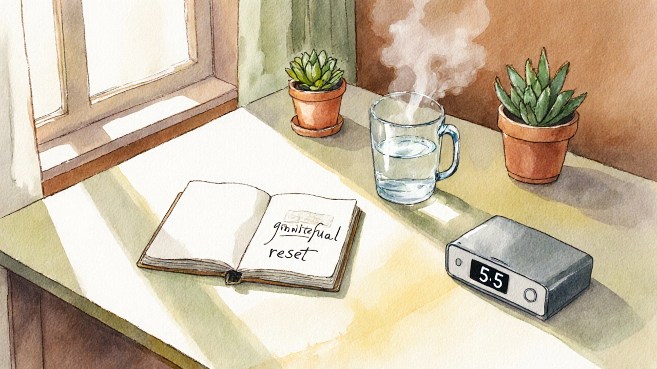 Tidy desk with gratitude note, water glass, plant, and timer during a reset break.