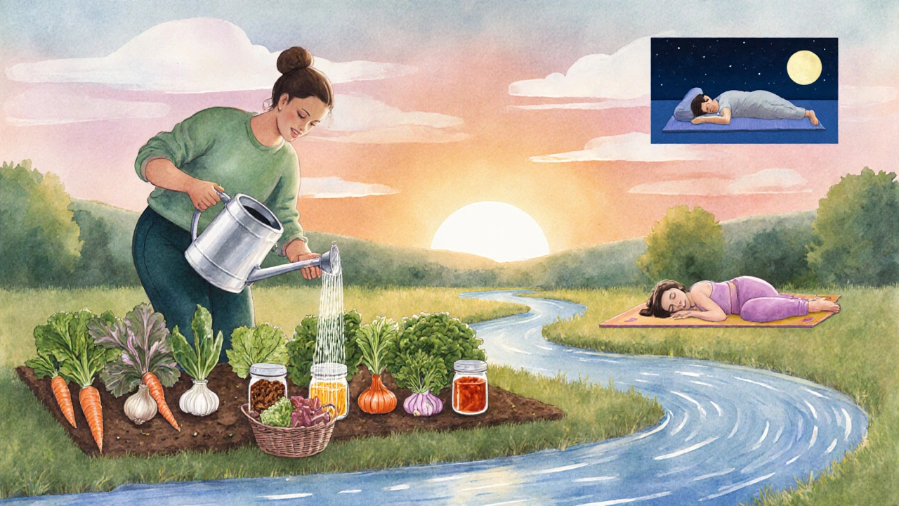 Watercolor scene of a garden representing gut health with yoga and fermented foods.