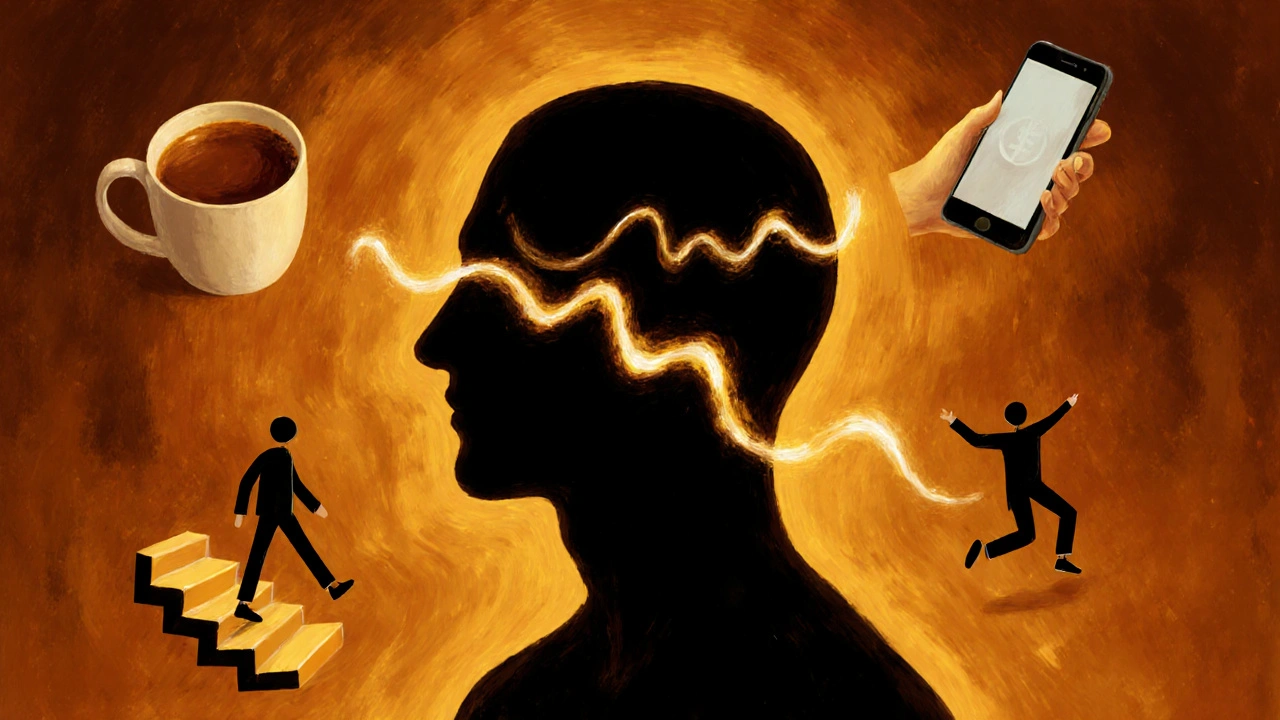 A glowing human silhouette surrounded by tiny health rituals like tea, stairs, and dancing, representing energy and identity.