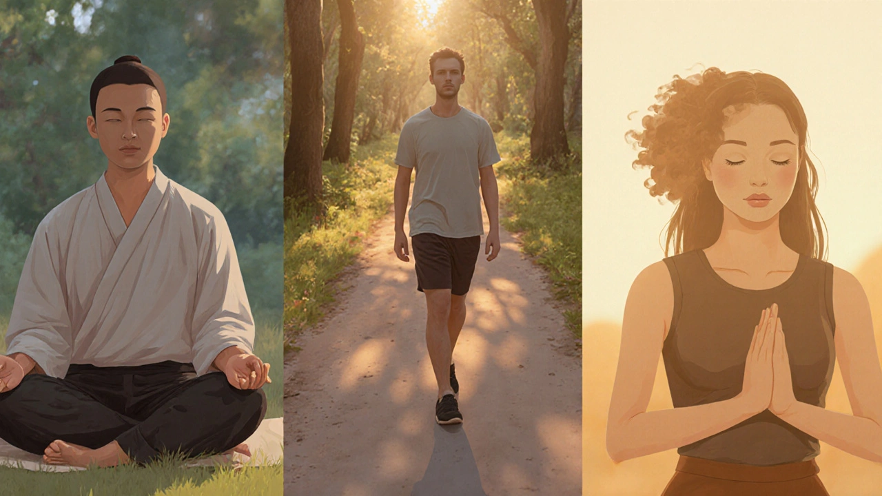 A group of people practicing different meditation styles in natural light.