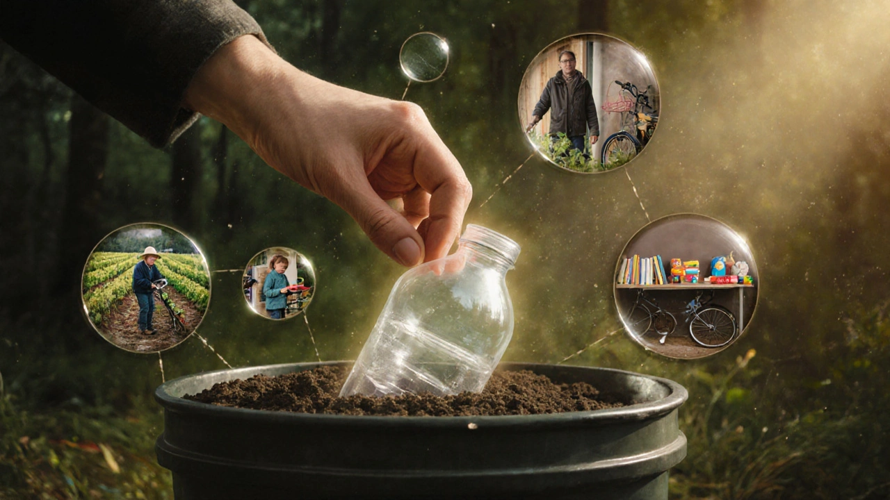A hand placing a plastic bottle in a compost bin, with invisible scenes of sustainable living radiating around it.