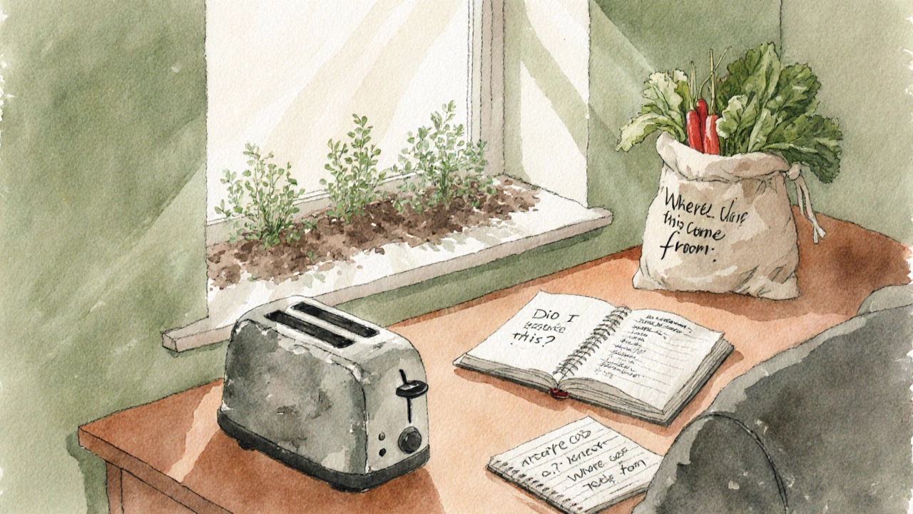 A person at a kitchen table with repaired items, loose vegetables, and a notebook filled with mindful reflections.