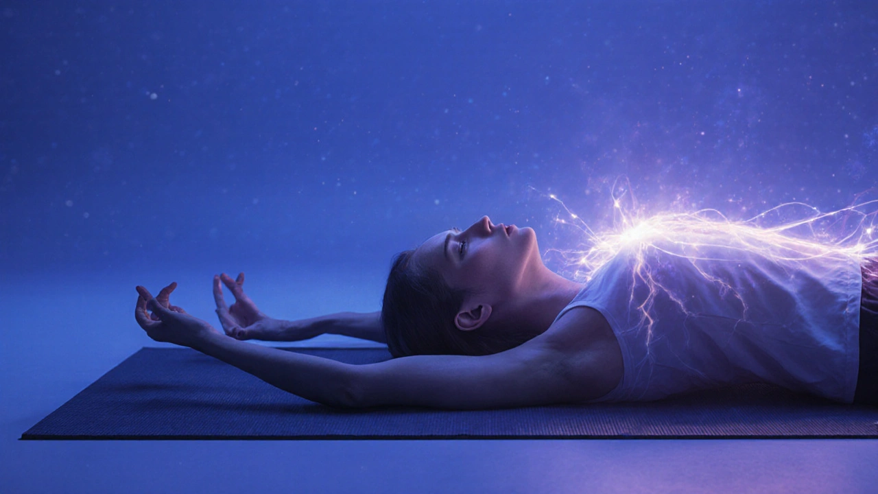 A person lying down with a glowing energy line moving from feet to head.