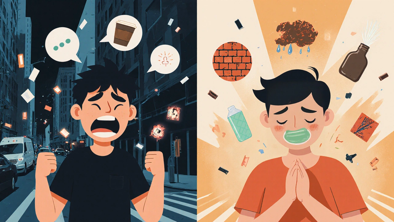 A person practicing mindfulness in a busy city, with sensory elements floating around them.