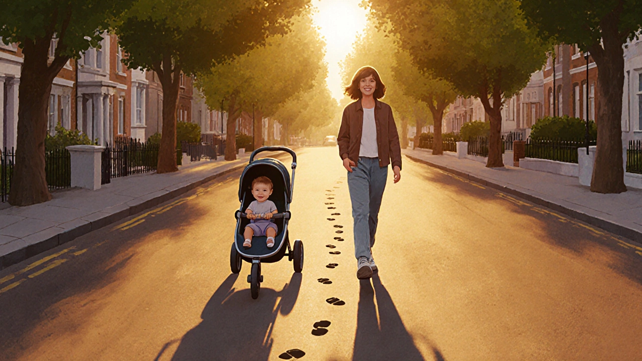 A person walking with a child in a stroller along a quiet street at sunset, showing adaptable daily movement.
