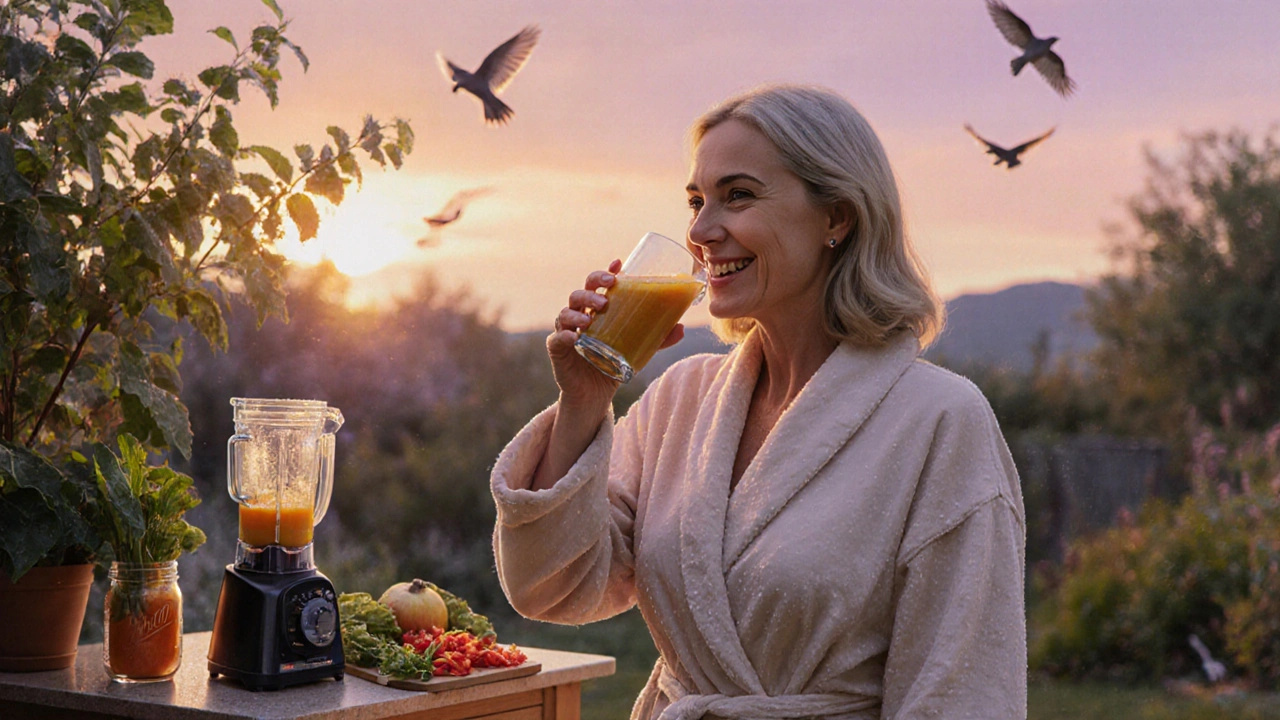 A woman smiling while drinking fresh health juice in her sunlit garden at sunrise.