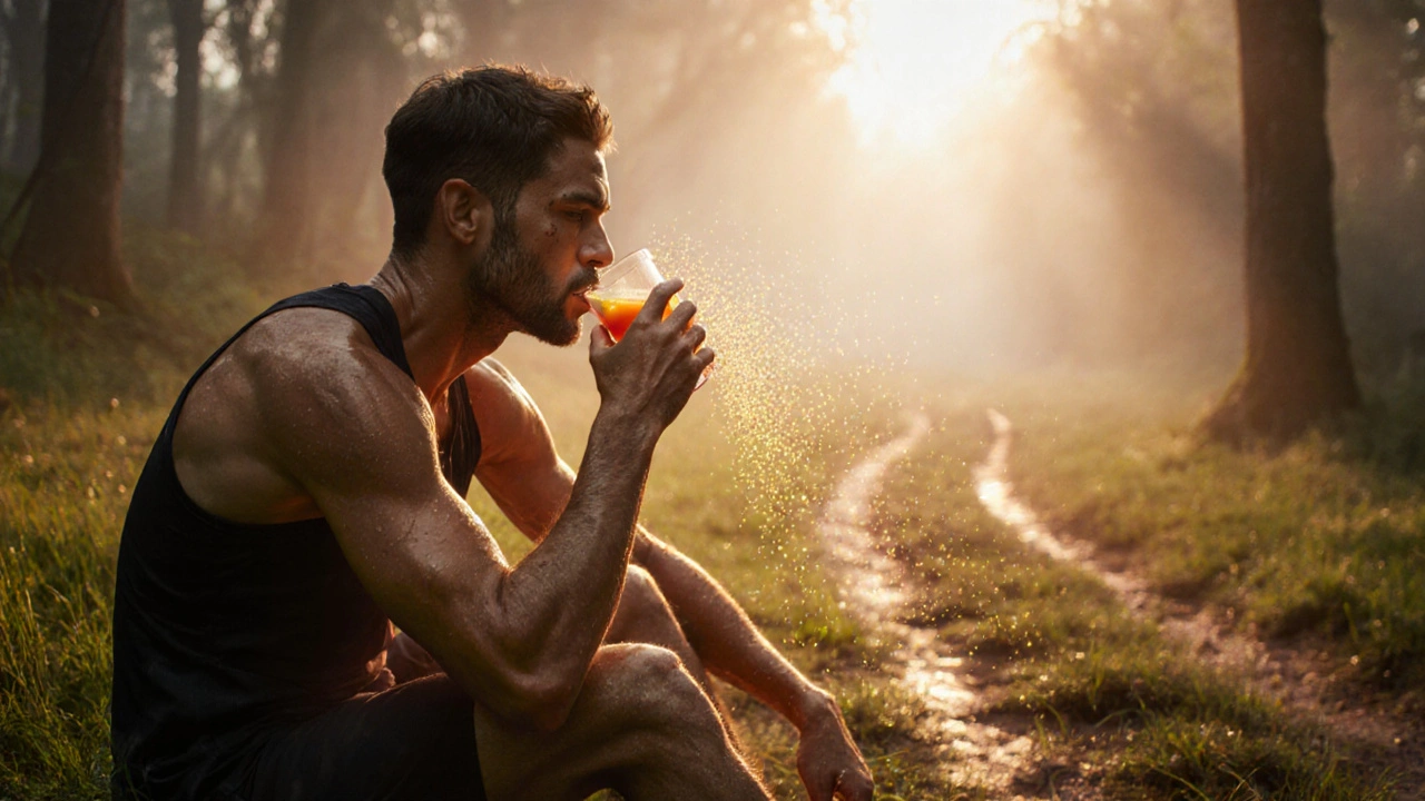 Athlete drinking recovery juice after a morning run, with nutrient light trails glowing into their muscles.