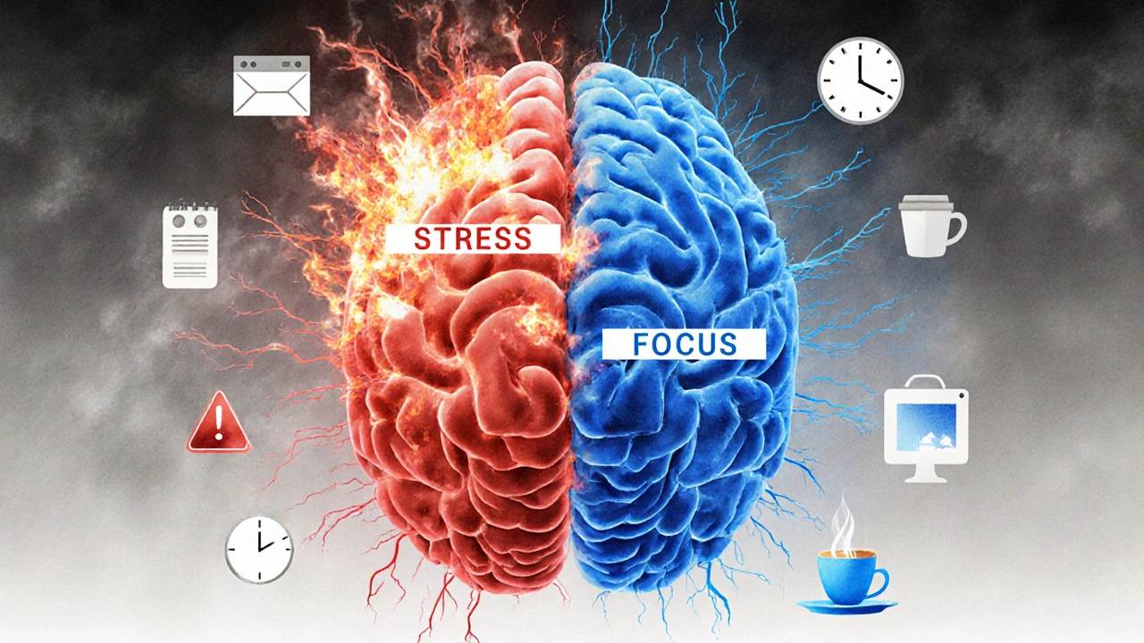 Human brain split between chaotic stress and calm focus, illustrated in scientific art style.