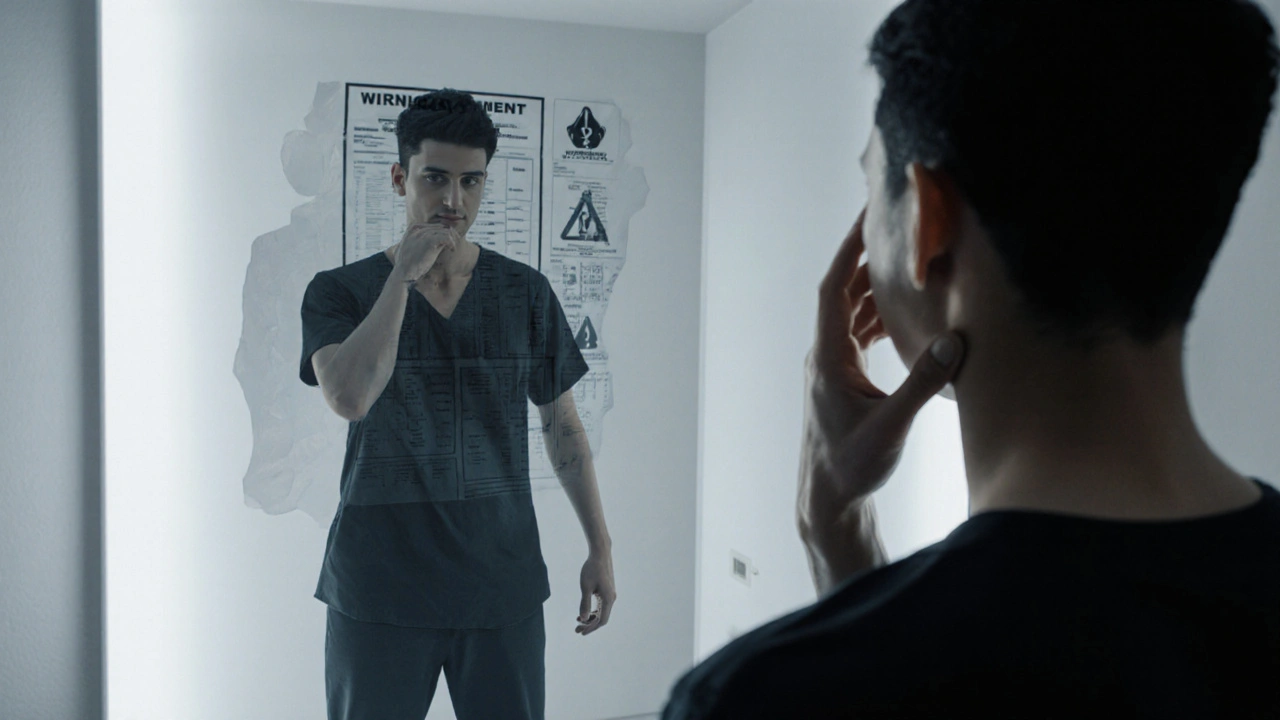 Individual staring into a mirror, examining their body while a shadow of medical symbols looms behind them.