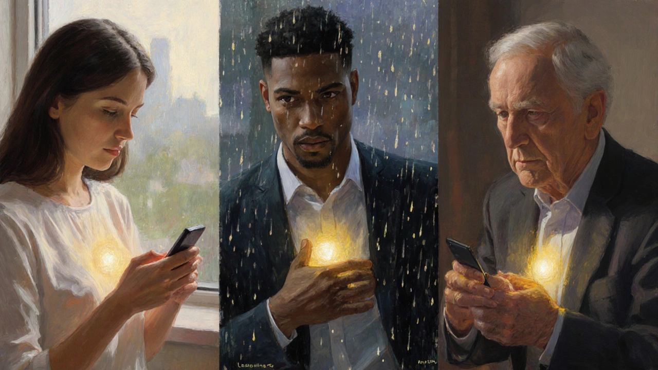 People in daily life moments radiating quiet calm, symbolized by gentle golden light.