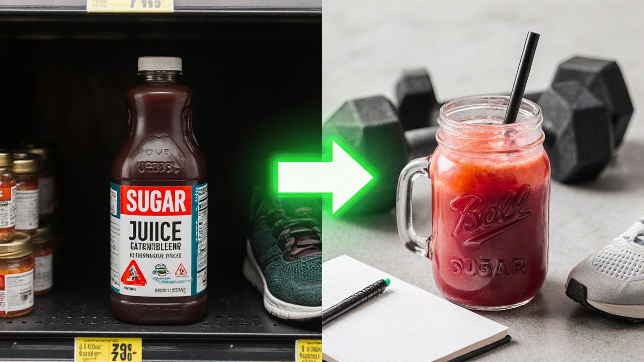 Side-by-side comparison: processed juice bottle vs. homemade performance juice with fitness gear.