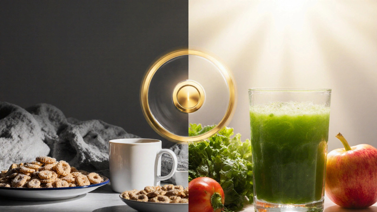 Split image showing a dull breakfast versus a vibrant health juice, symbolizing daily renewal.