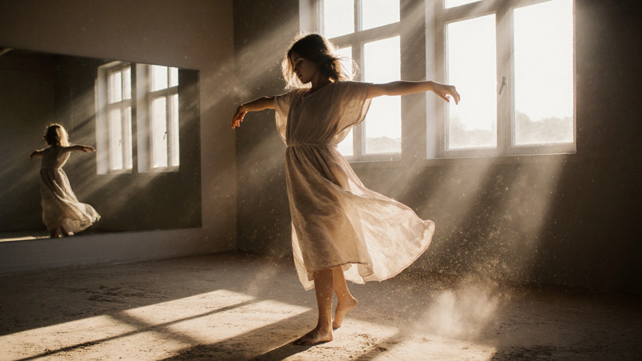 Teenage girl spinning with arms outstretched in a sunlit dance therapy room, barefoot and flowing fabric.