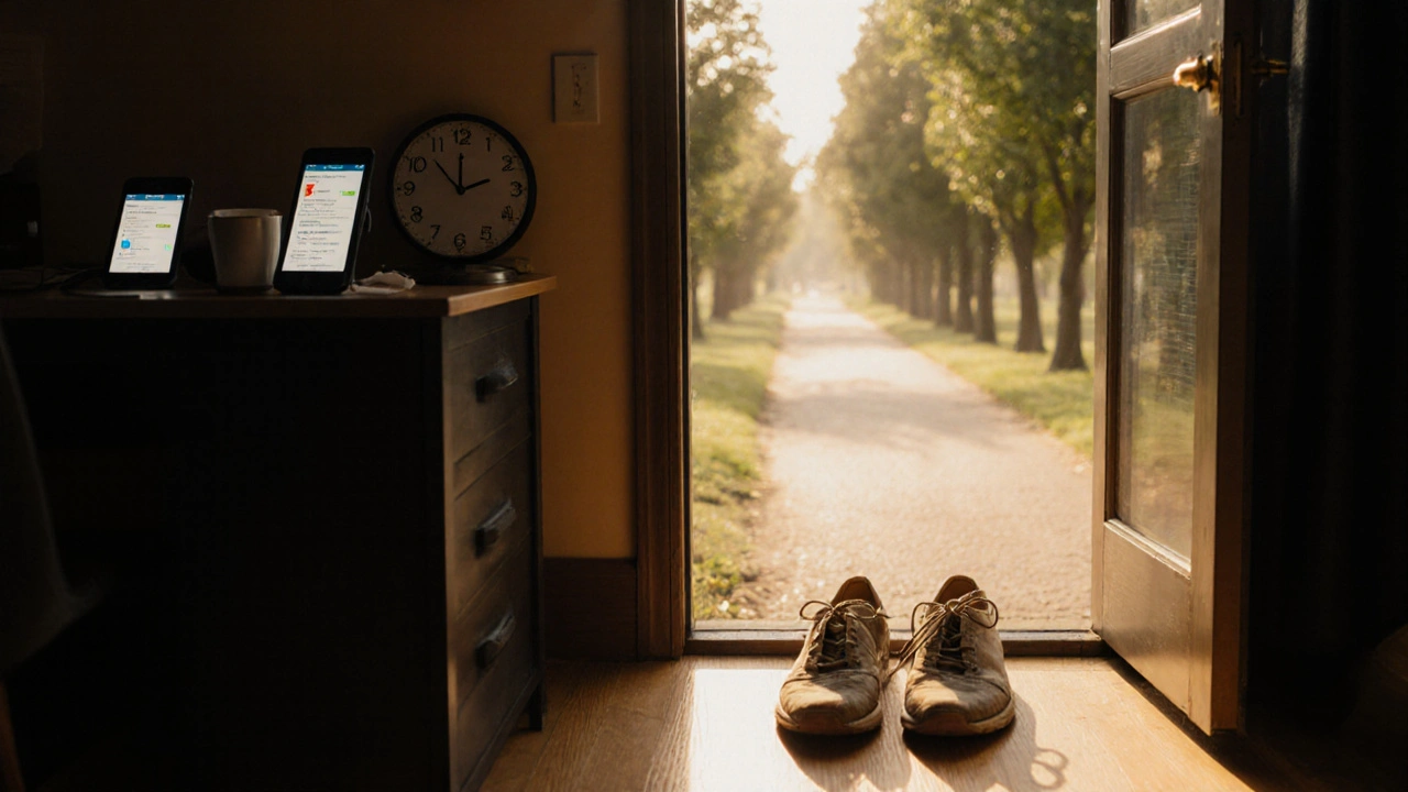 Worn shoes by an open door to a sunny path, phone buzzing inside a dim room.