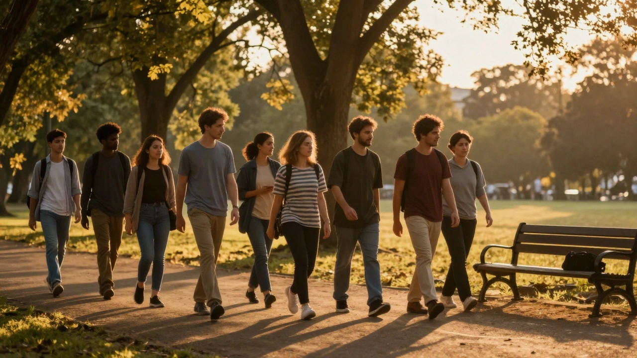 A group of people walking together in a park at sunset, with an empty bench inviting connection.