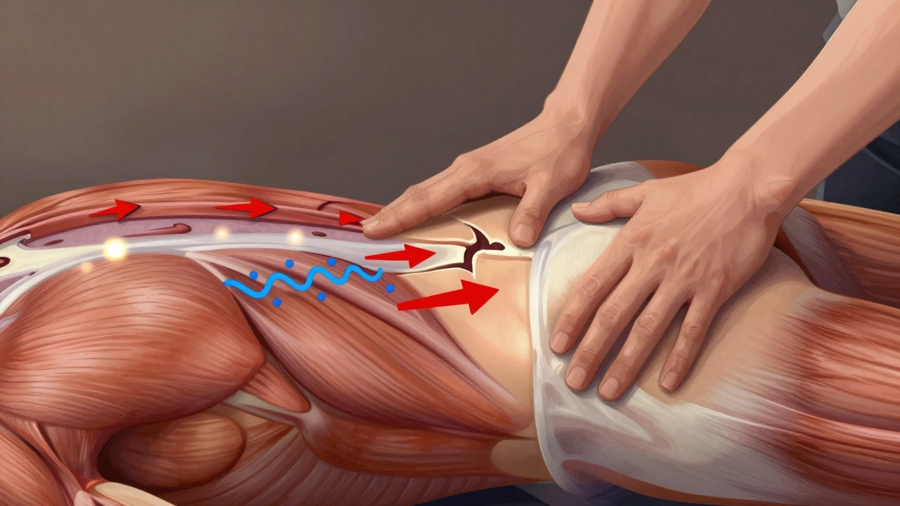 Anatomical illustration showing improved blood flow and reduced muscle adhesions during massage.