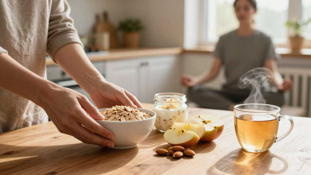 Breakfast of oats, apples, almonds, and kefir prepared at dawn with a person meditating nearby