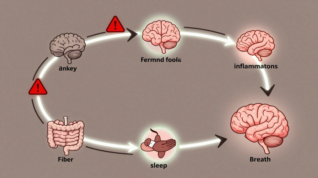 Circular diagram showing stress harming gut and brain, with five healing actions breaking the cycle