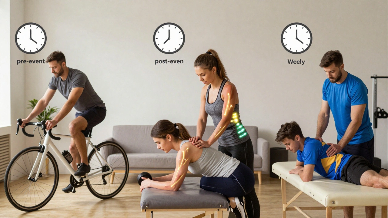 Diverse athletes receiving sports massage at different stages of training.