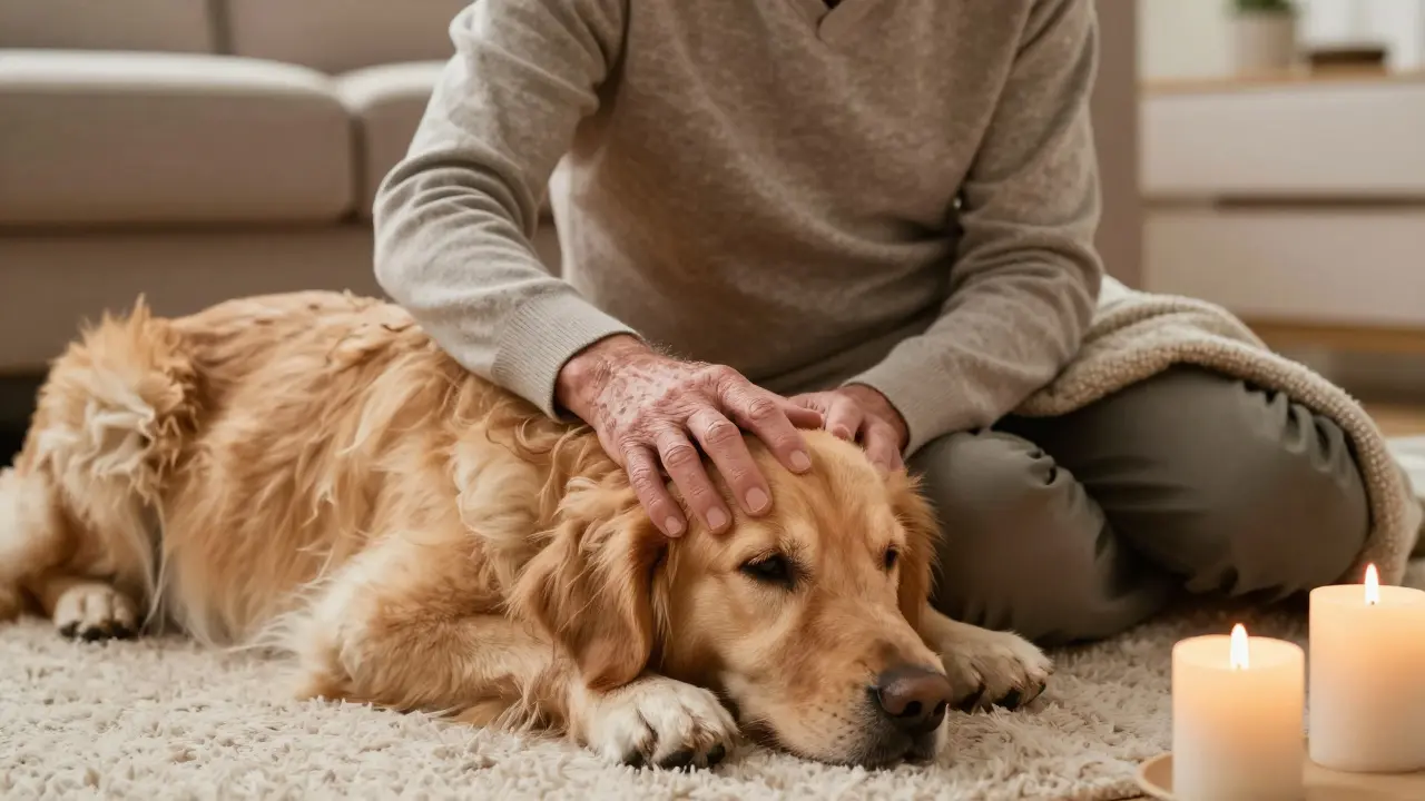 Elderly man petting a dog on a rug, bathed in soft candlelight.