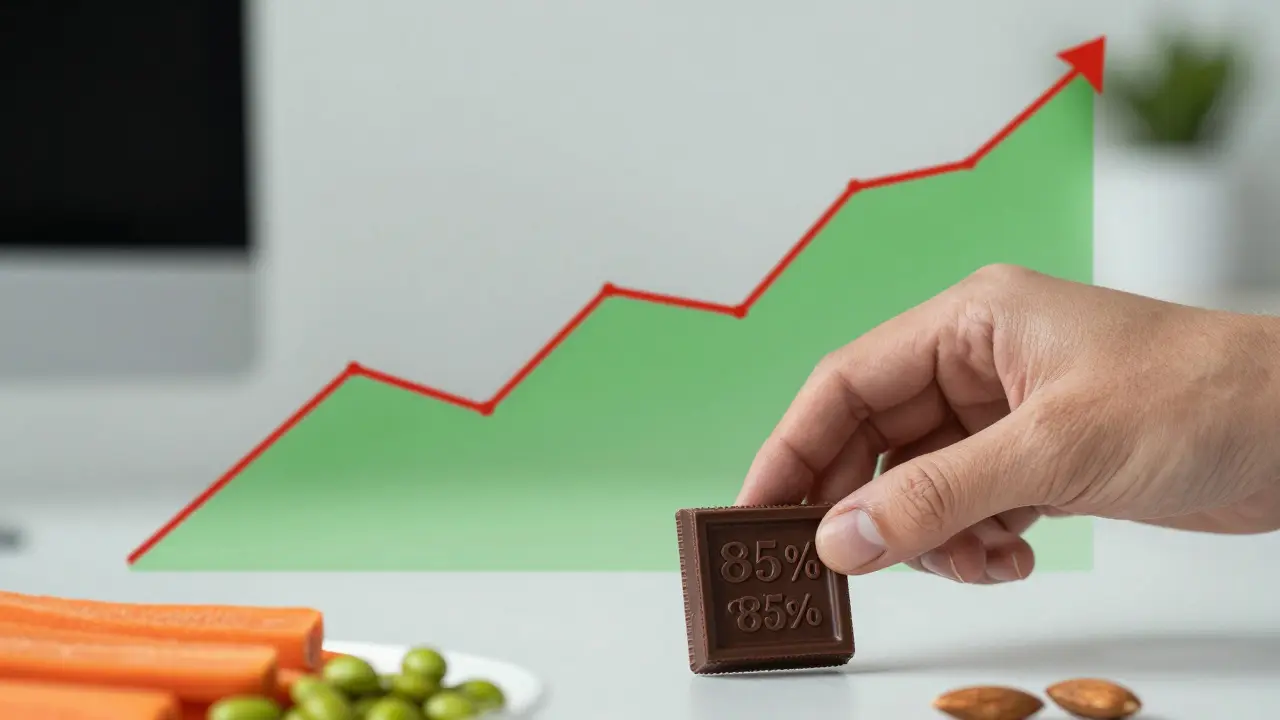 Hand choosing dark chocolate with healthy snacks nearby, energy levels shown as smooth waves.