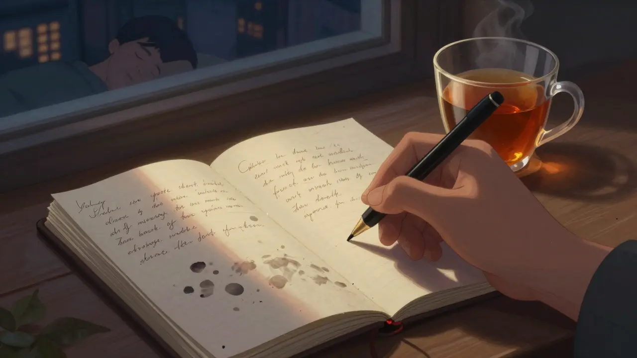 Hand writing in a notebook by lamplight at night, no phone in sight.