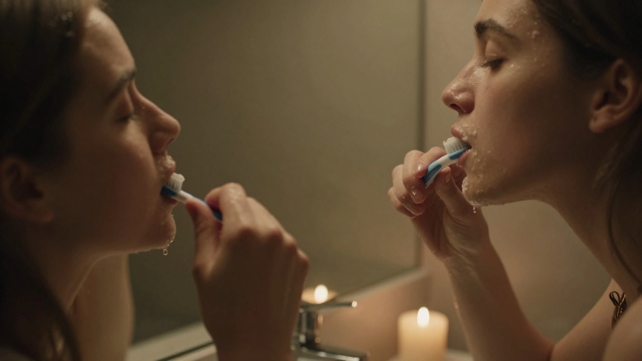 Hands brushing teeth with eyes closed, candlelight glowing, serene reflection in the mirror.