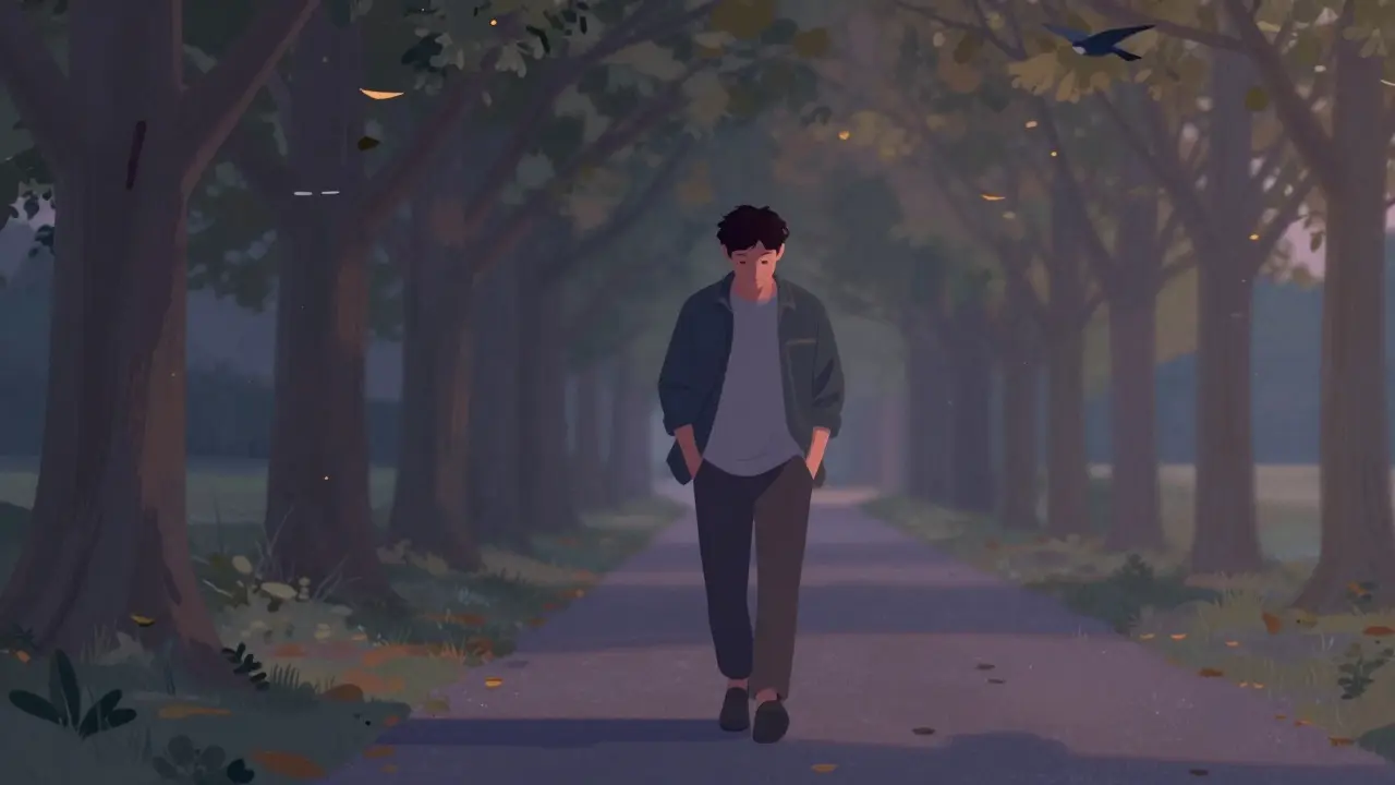 Man walking peacefully on a tree-lined path at twilight, no devices in sight.