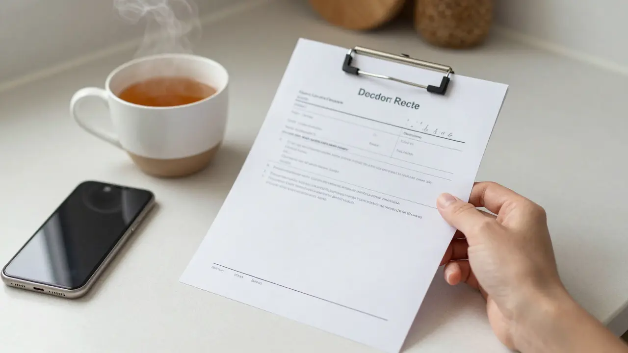 Normal test results on counter beside tea, phone face down in quiet room.