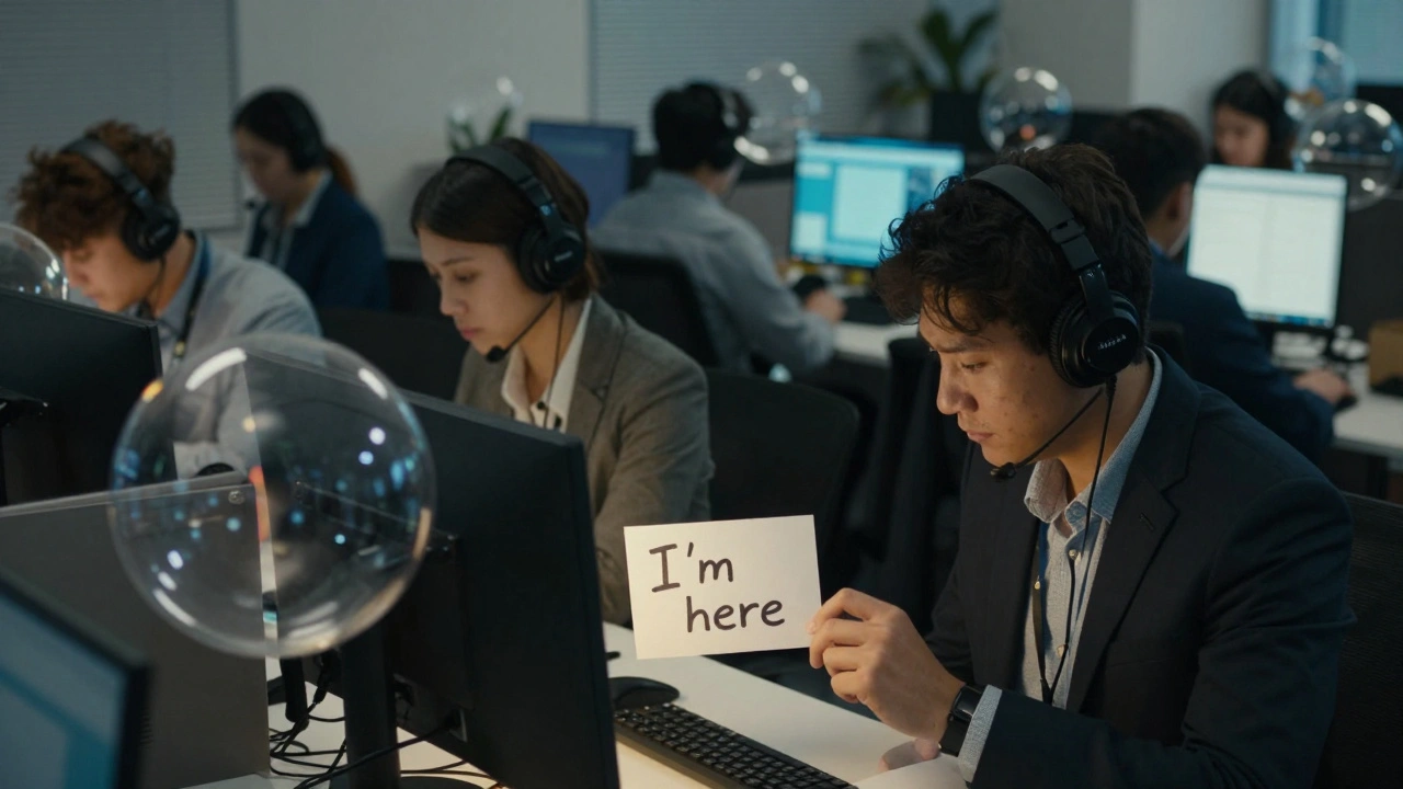 Office workers isolated at desks, one quietly leaving a supportive note for a colleague.