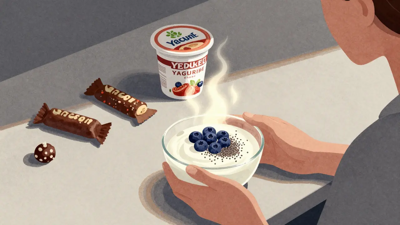 Person at desk with glowing healthy snack, sugary snacks fading into shadow.