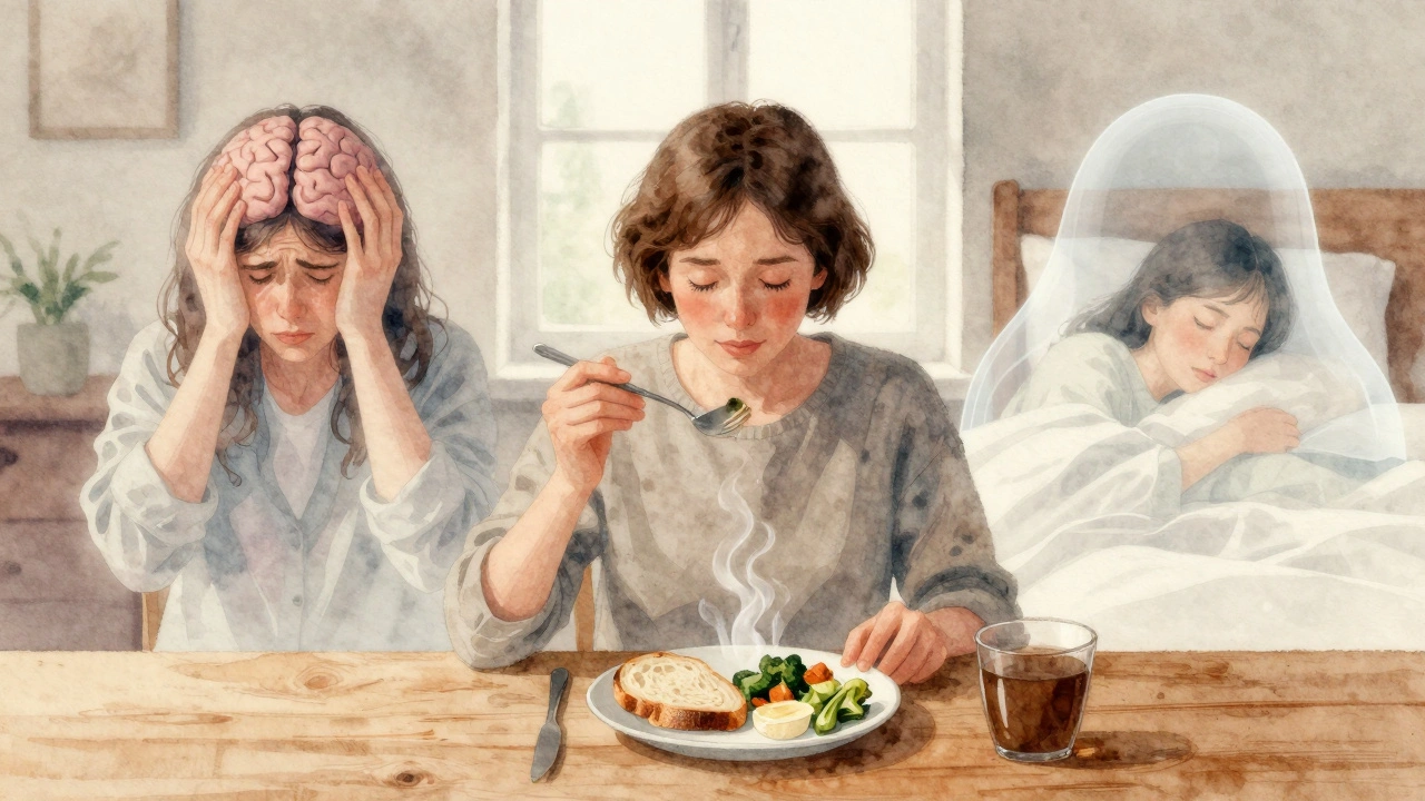 Person eating a healthy meal with contrasting images of fatigue and clarity surrounding them.