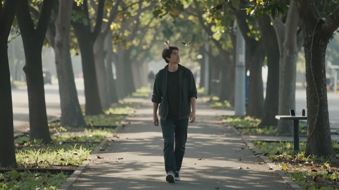 Person walking peacefully outdoors, phone left at home, noticing nature.