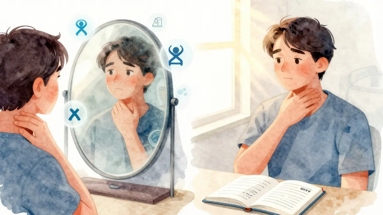 Split image: person overwhelmed by health fears vs. calm with CBT notes.