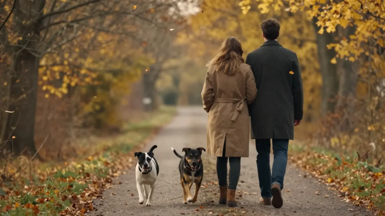 A couple walks through falling autumn leaves, side by side, offering quiet support without speaking.