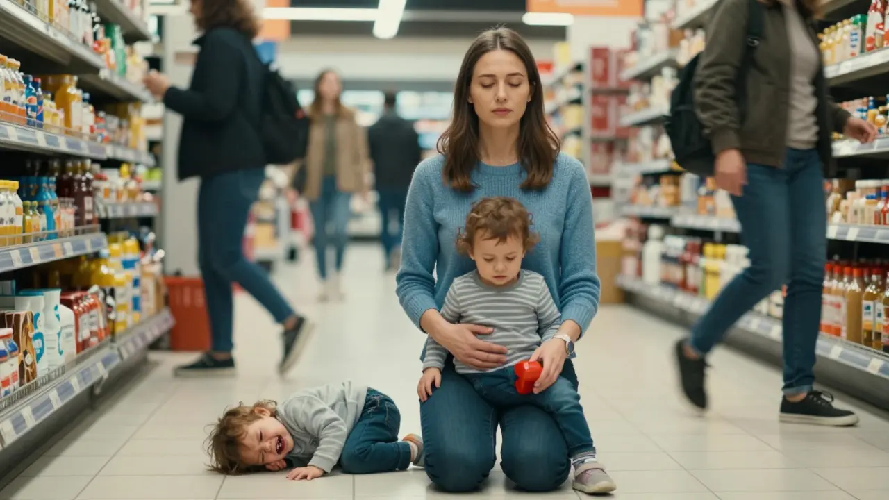 A mother calmly comforting her child in a busy supermarket amid rushing shoppers.