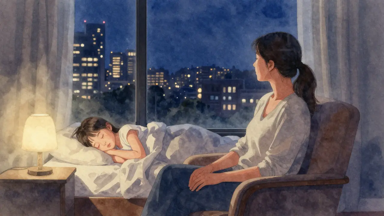 A mother sitting quietly by the window at night, her child asleep nearby in a peaceful room.