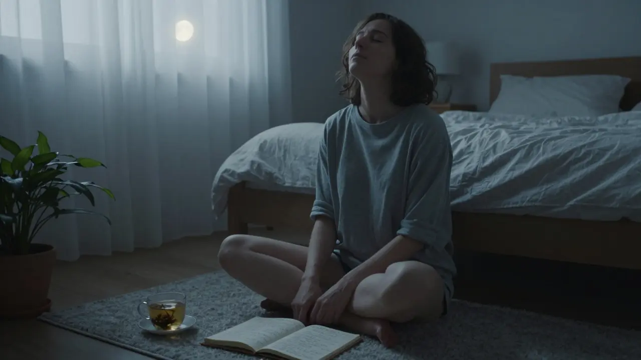 A person practicing deep breathing with a journal beside them, symbolizing stress reduction for gut wellness.