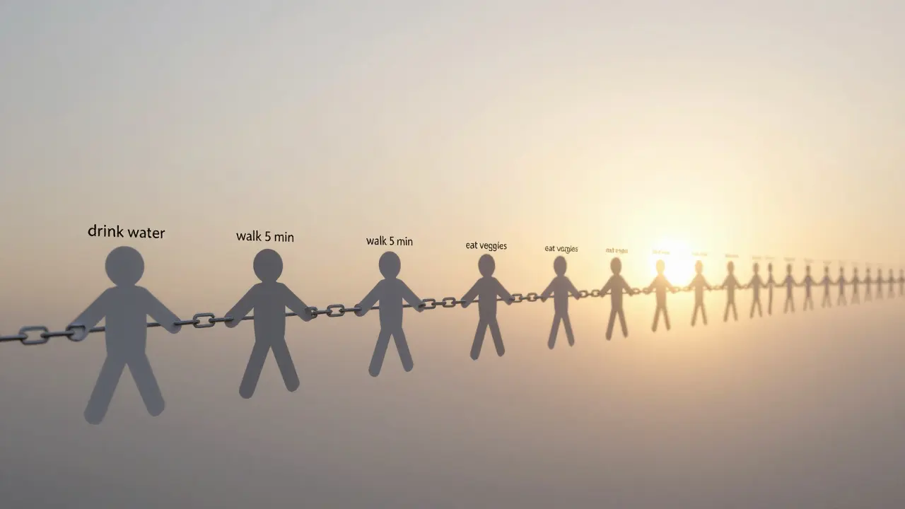 Chain of small daily health actions stretching toward a sunrise in minimalist style.