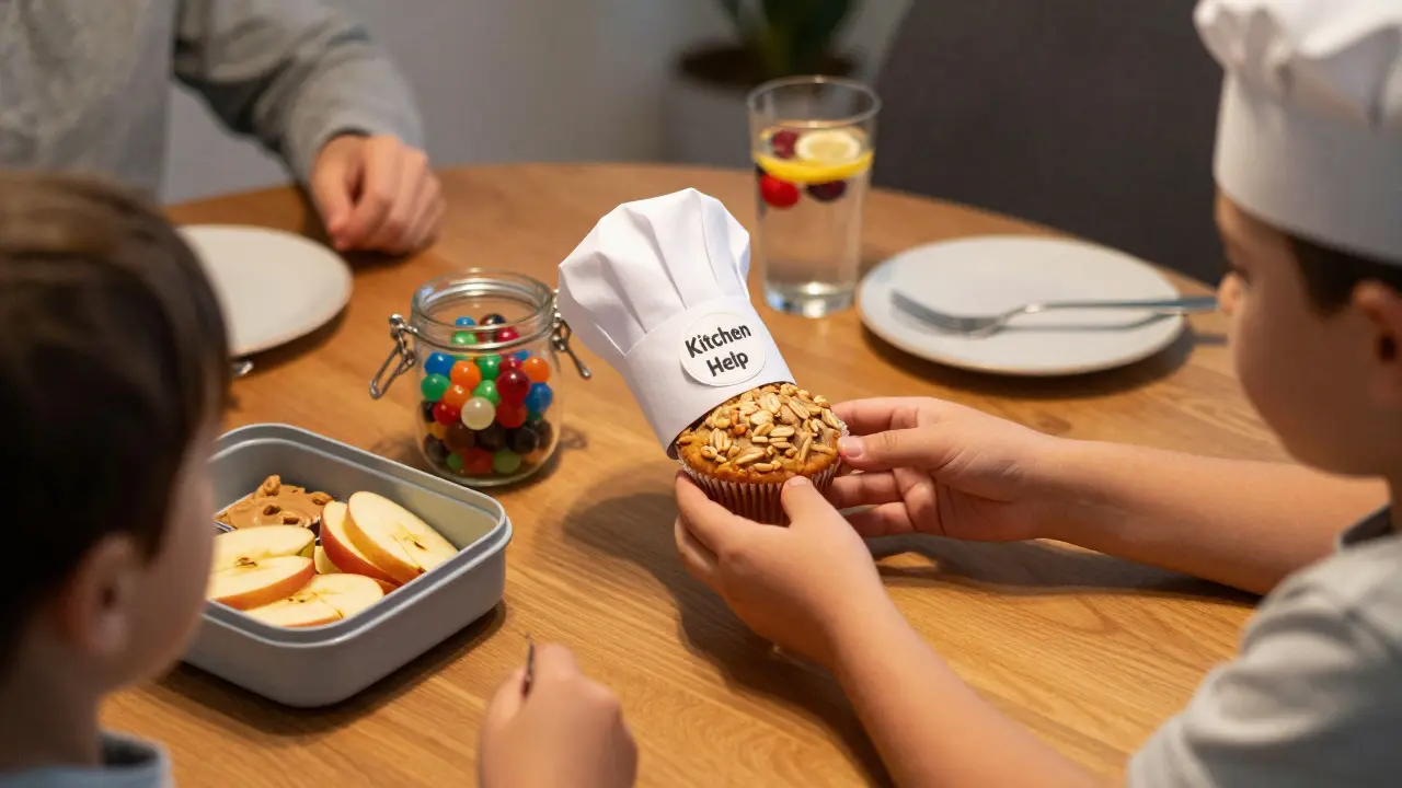 Child proudly holding a homemade muffin at family dinner with healthy snacks nearby.